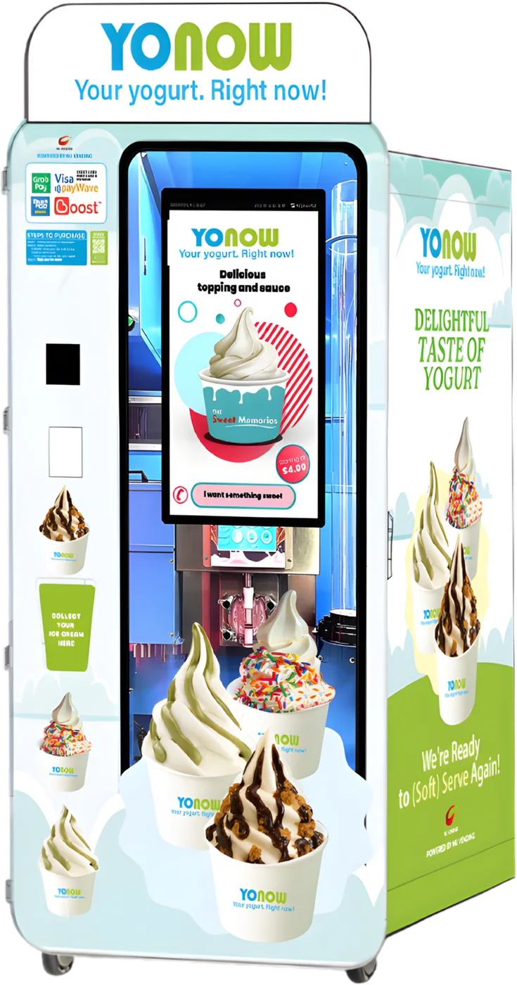 YONOW aqua and lime yogurt vending machine, three-quarter view