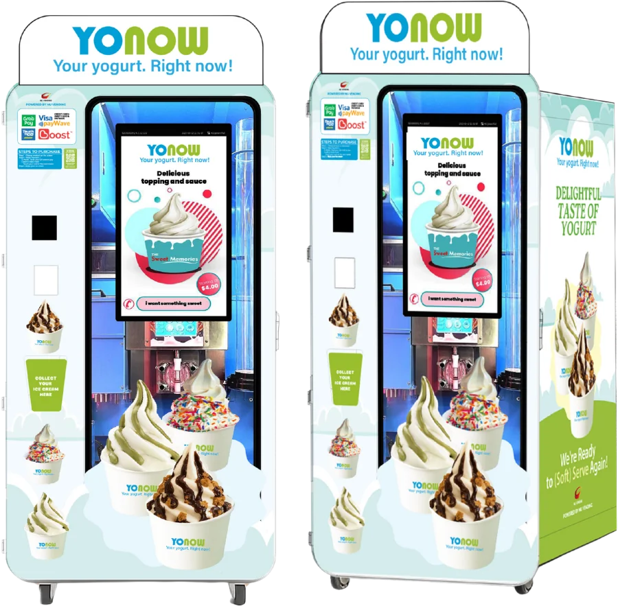 Front and side views of the YONOW yogurt vending machine